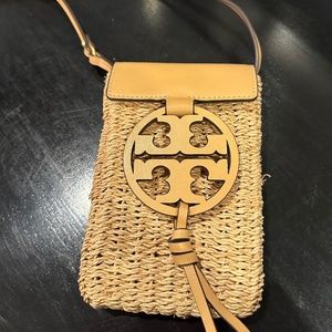 Tory Burch Miller Wicker/ Leather Phone Crossbody Purse